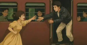A Ghiblified AI art of a famous scene of DDLJ