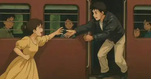 A Ghiblified AI art of a famous scene of DDLJ